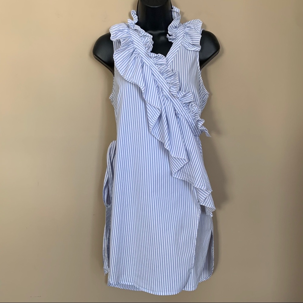 NY&Co Blue Vertical Stripe Ruffle Trim Wrap Dress